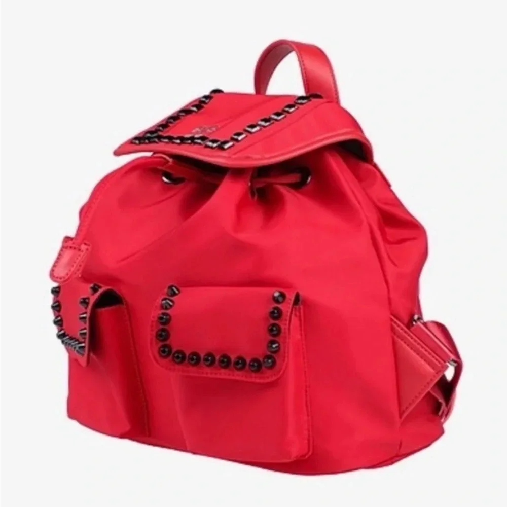 V 1969 Italia Bright Red Fabric Nylon Studded Backpack Bag NWT Medium Purse